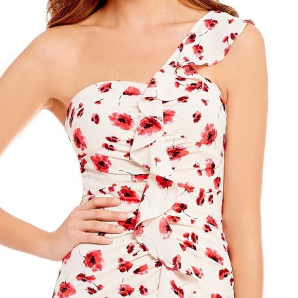 Lucy Paris One Shoulder Midi Dress Cream Red Floral Ruffles Feminine Cocktail L - Picture 5 of 16